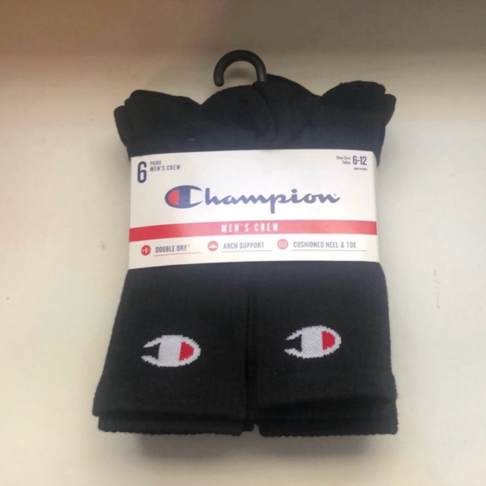New Champion Socks Men’s 6 Pair Black Crew Socks Casual Activewear Athletic
